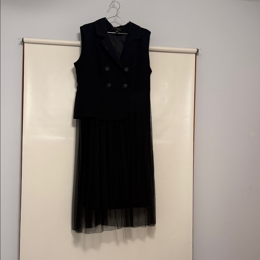 Sleeveless Black Tulle Midi Dress with Blazer Bodice